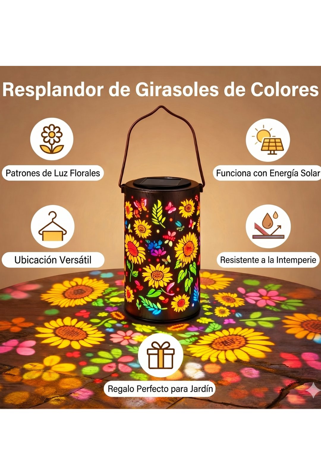 AURA LANE | LINTERNA SOLAR JARDIN CON GIRASOL COLORIDO & BRILLANTE